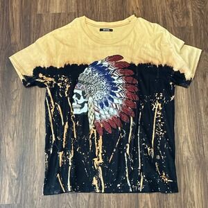 Imperious Skull Chief Graphic Bleach Wash T Shirt Men's XL Rhinestone Tee